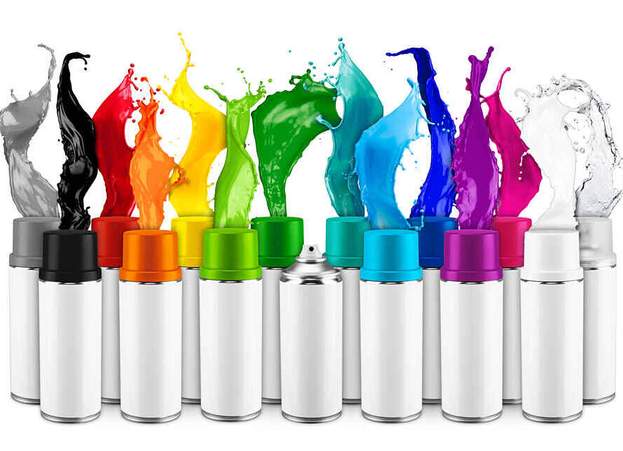 row of many various spray can spraying colorful rainbow paint liquid color splash explosion isolated white background. Industry diy paintjob graffiti concept.