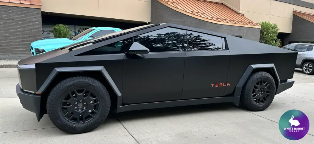 Cybertruck satin black wrap with red Tesla logo